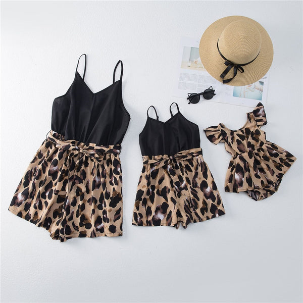 Mom and Daughter Family Look Summer Black Leopard Print
